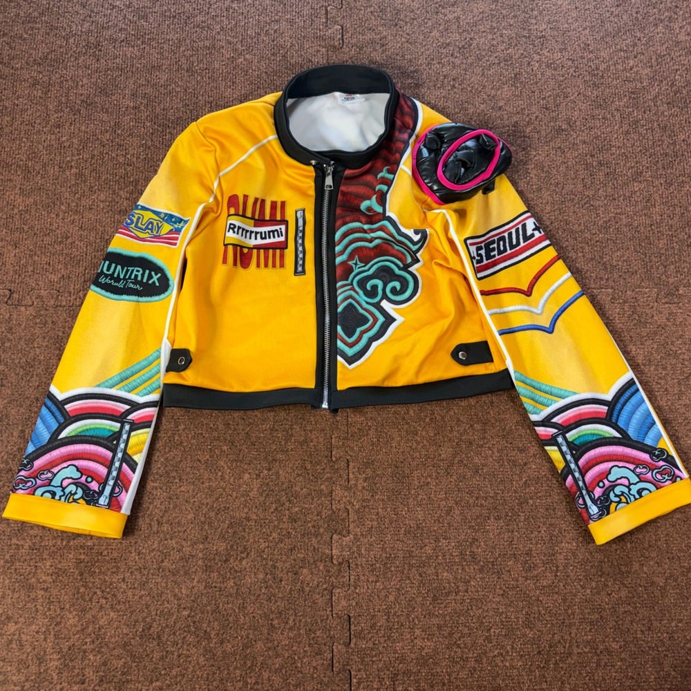 A+ fun Netflix K-Pop Demon Hunters Kids Jacket Yellow Cropped Moto Cosplay XL